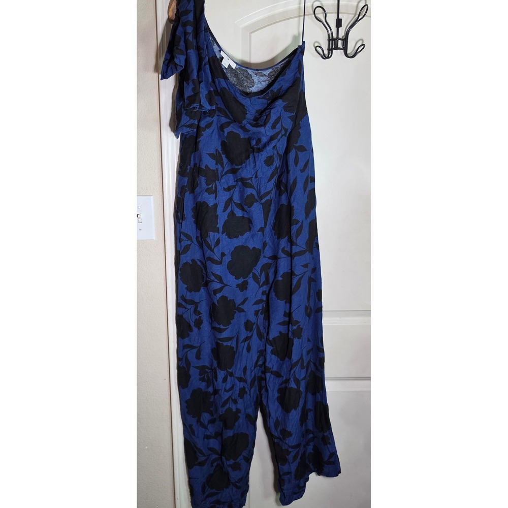 Kate Spade New York One Shoulder Jumpsuit 16 Blue Black Floral Ruffle Wide Leg